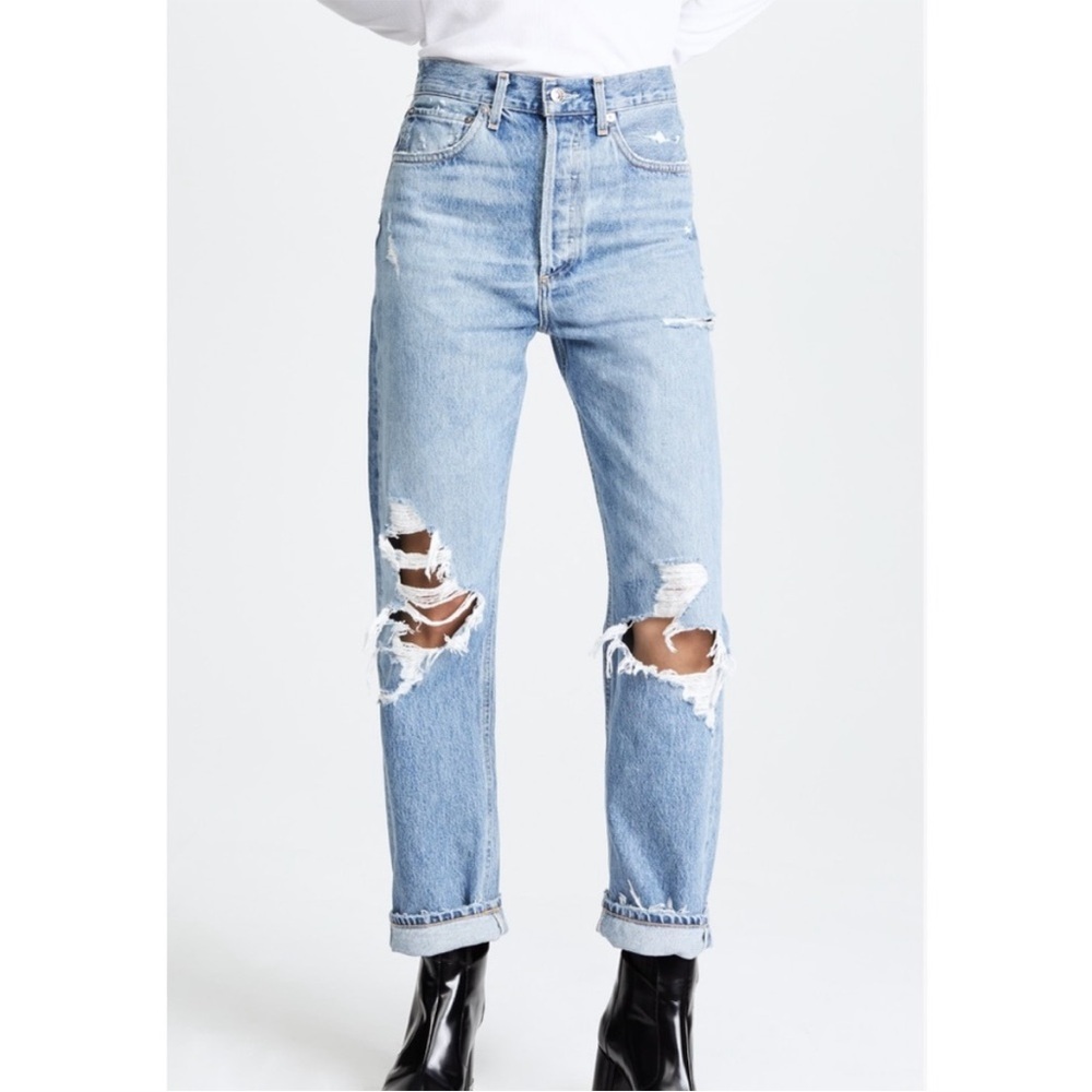 Agolde 90s Mid Rise Loose Fit Straight Distressed‎ Blown Out Knee Jeans Sz 25 - Picture 4 of 16
